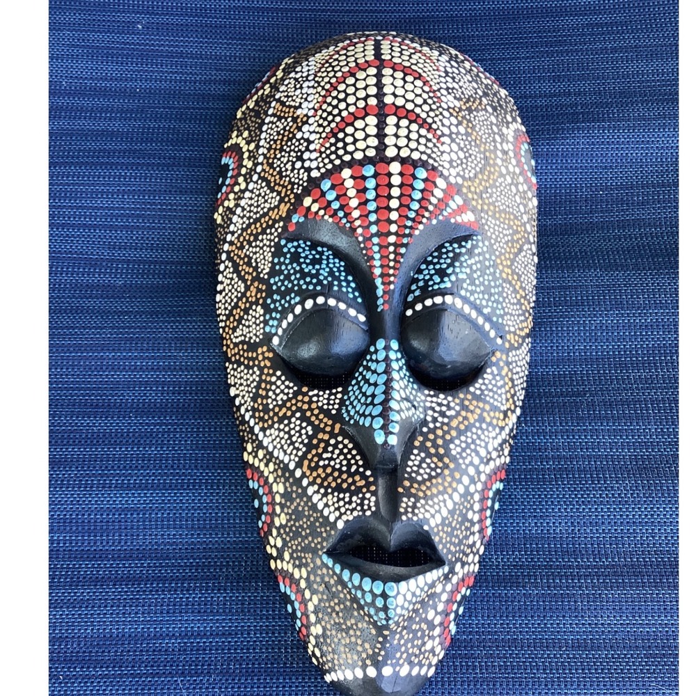 Hand Carved Wood Wall Mask 13" Hand Painted Dot Art Boho Tribal Style Decor